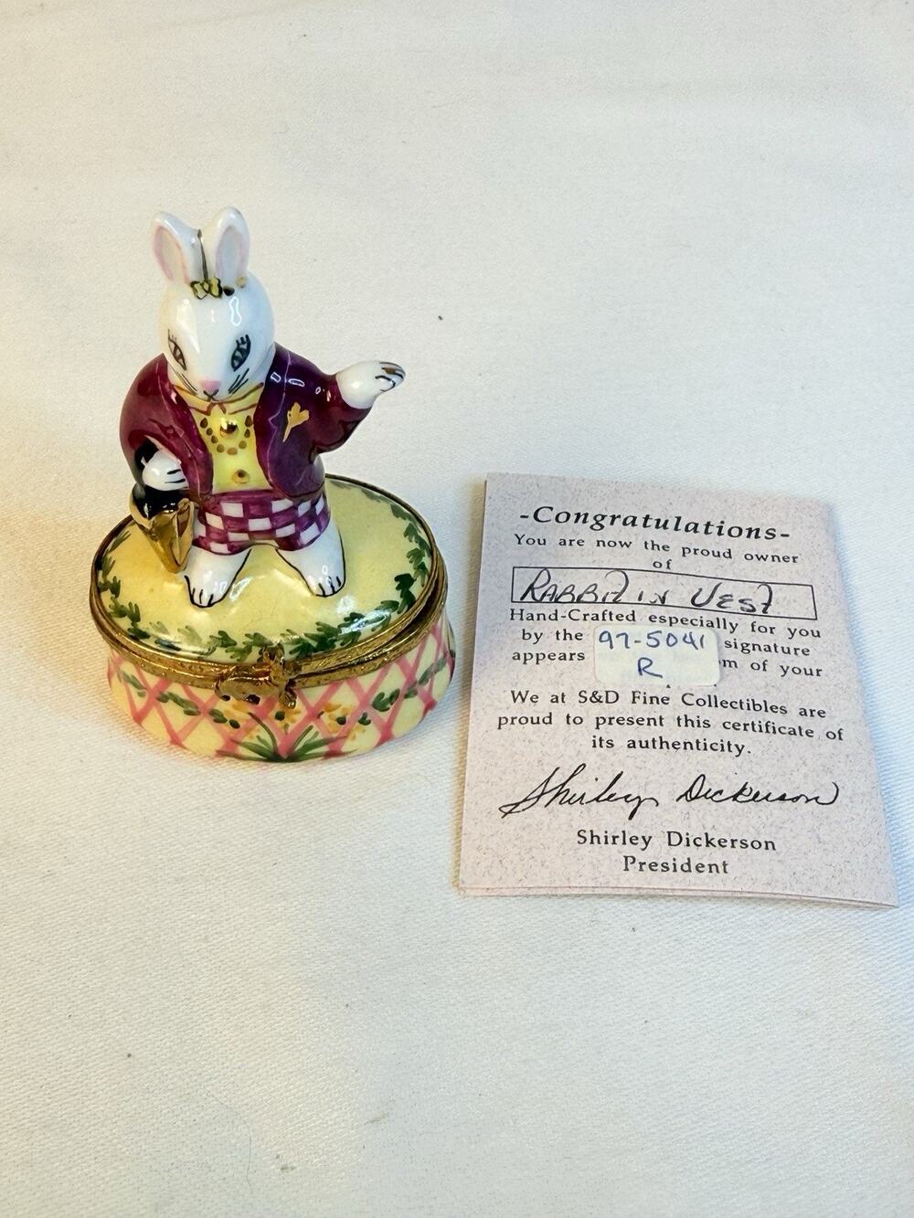 Limoges Peint Main Female White Rabbit In Vest Trinket Box